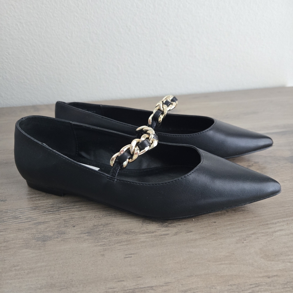 Steven New York Milla Pointed Toe Chain Flats Black Size 6